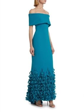 Catherine Regehr Crepe Off-The-Shoulder Sheath Gown Peacock Blue Dress